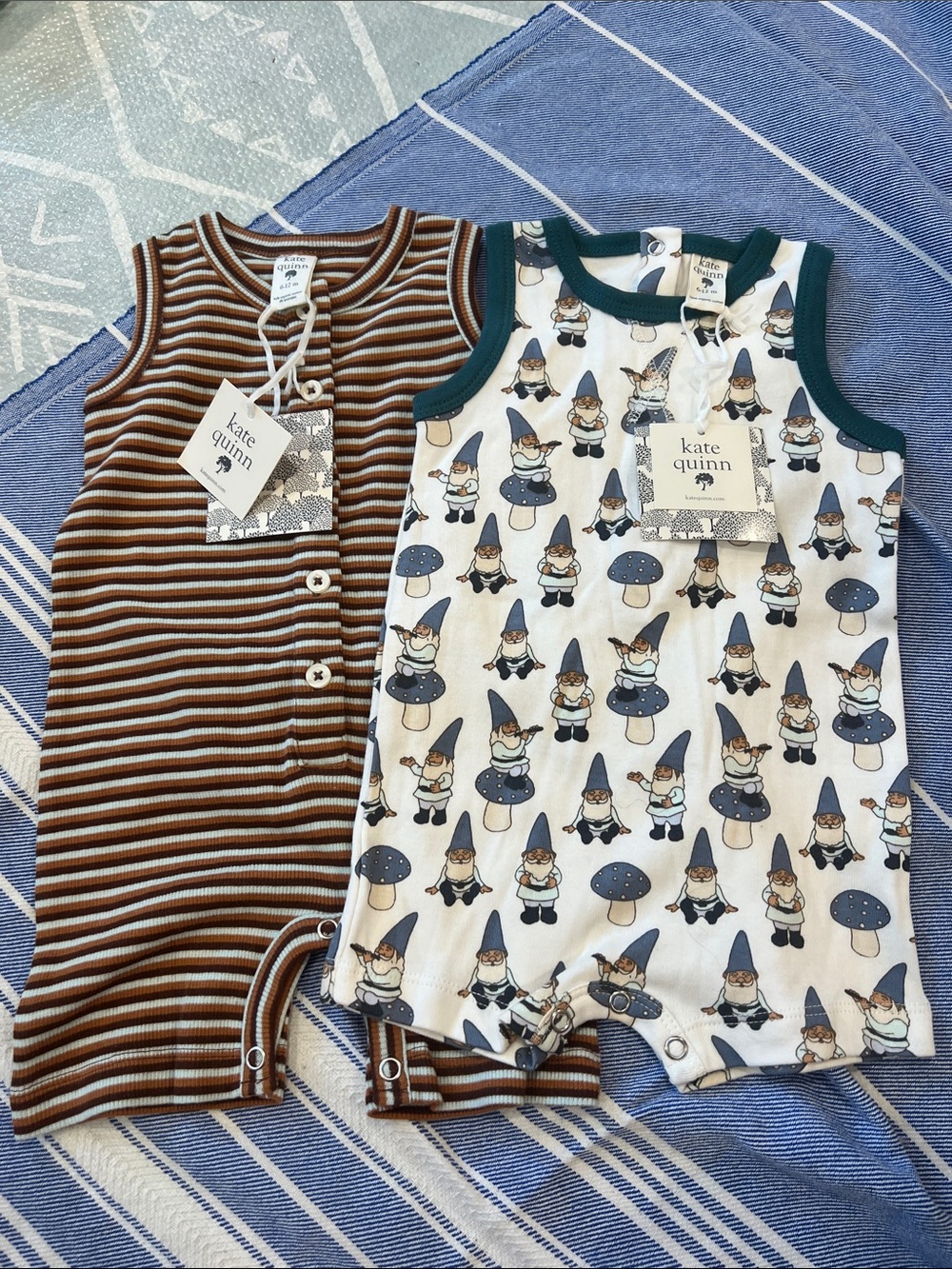 kate quinn Brown Striped Romper & Cream Gnome Print Set